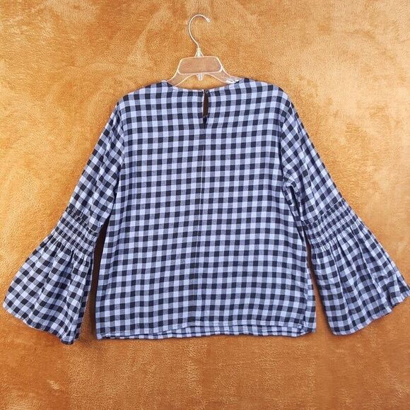 BEACH LUNCH LOUNGE Womens Top Large Blue Plaid Pullover Flannel Bell Sleeve - Picture 4 of 9